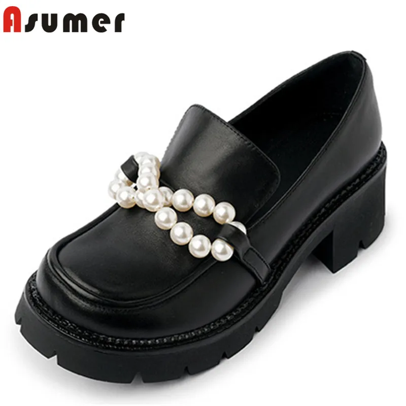

Asumer 2021 New Fashion Black Pearl Shoes Women Pumps Genuine Leather Shoes Spring Summer Thick Heel Single Shoes Women Casual