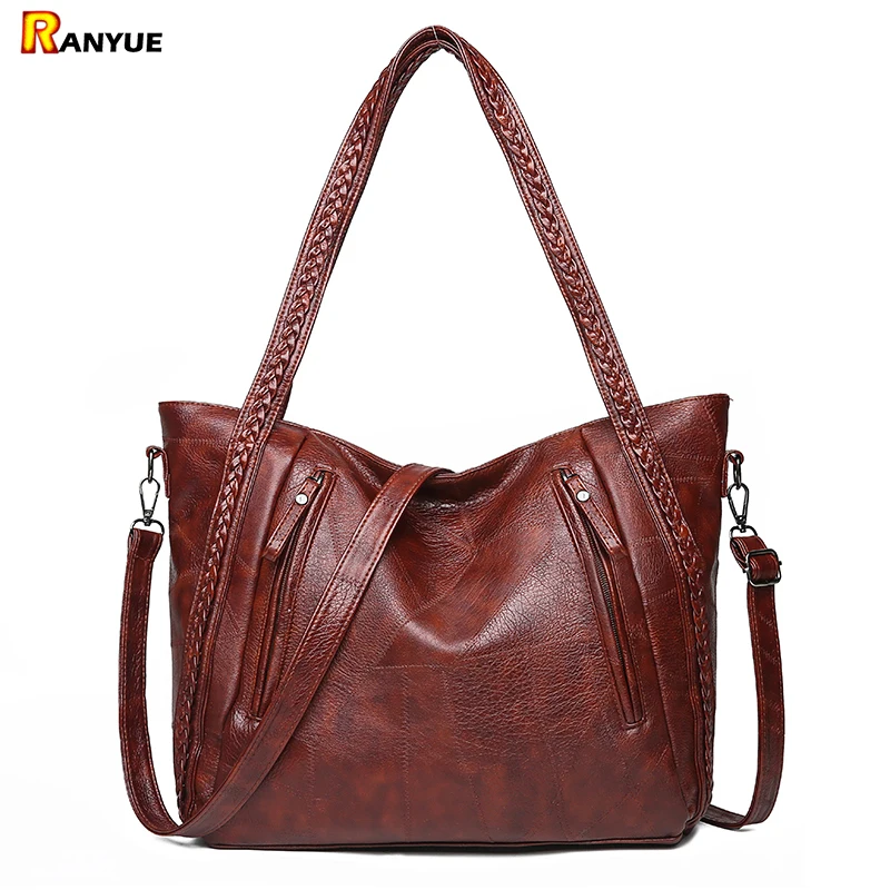 Сумка тоут женская из мягкой кожи вязаный саквояж большой вместимости с