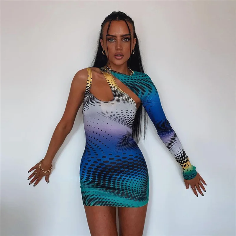 

New Polka Dot Printing Single Sleeve Gradient Dresses Fashion Trend Women's New Style Halter Print Hollow Slim Fit Hip Dress