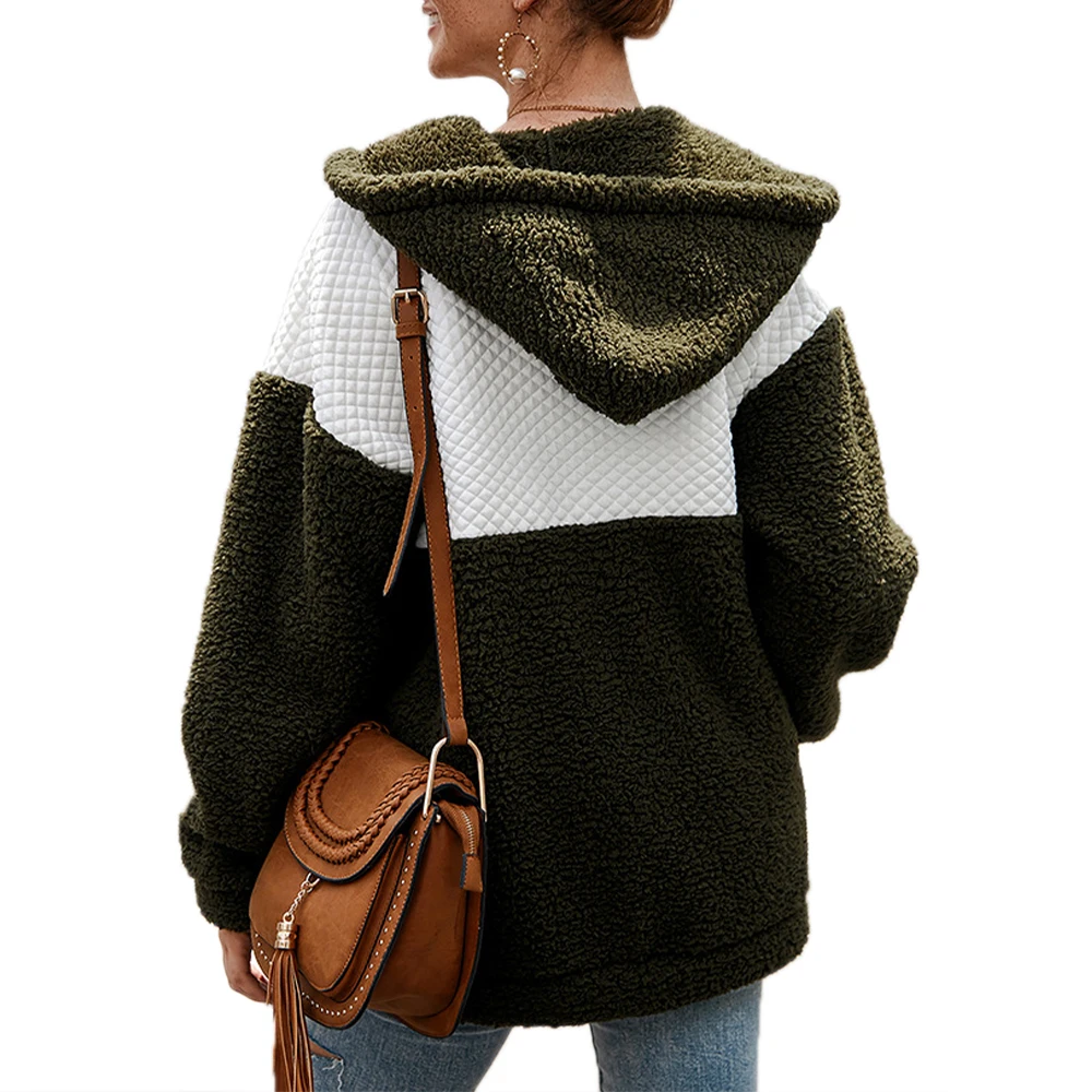 

Plush Fleece Jackets Hooded Coats Button Up Faux Fur Jacket Patchwork Warm Outwear Winter Winter Coat Women