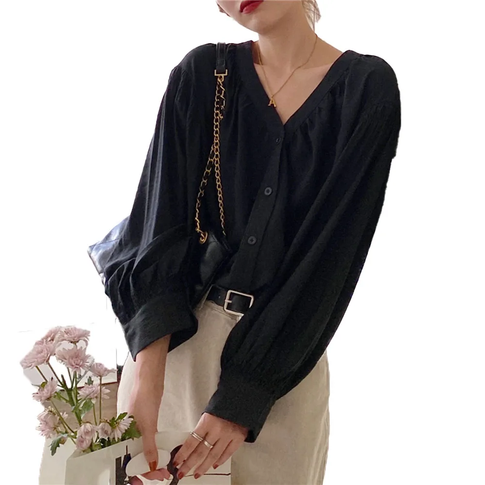 

Korean Version Japanese Blouse Spring Summer Fashion Temperament Loose Casual Solid Color Simple V-neck Lantern Sleeve 2021