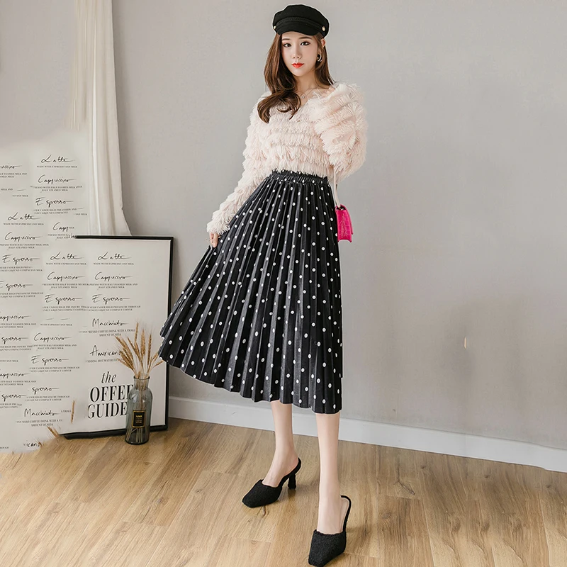 

Korean Style Fashion Beans Dot Mid Skirt Autumn Winter Elastic Waist A-Line Pleated Velvet Women's Skirt 2020 New Arrival