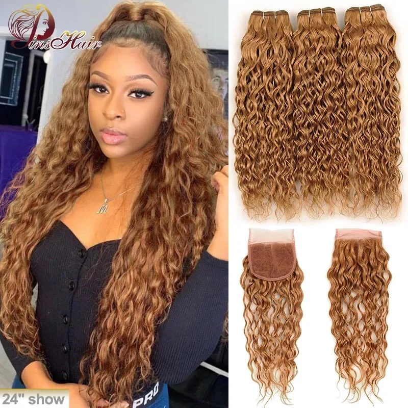 

Blonde Water Wave Indian Human Hair 3 Bundles With Lace Closure Honey Blonde Colored 27 Bundles With Closure Pinshair Remy Hair