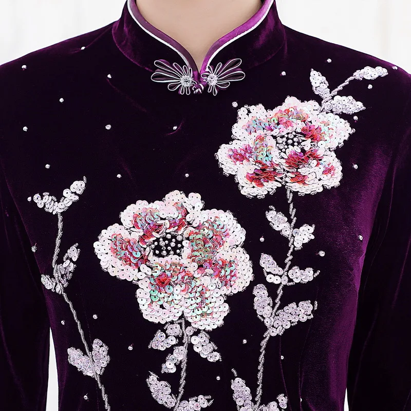 

Autumn dress cheongsam dress large size mother dress wedding five-point sleeve flower skirt chinese traditional dress Big code