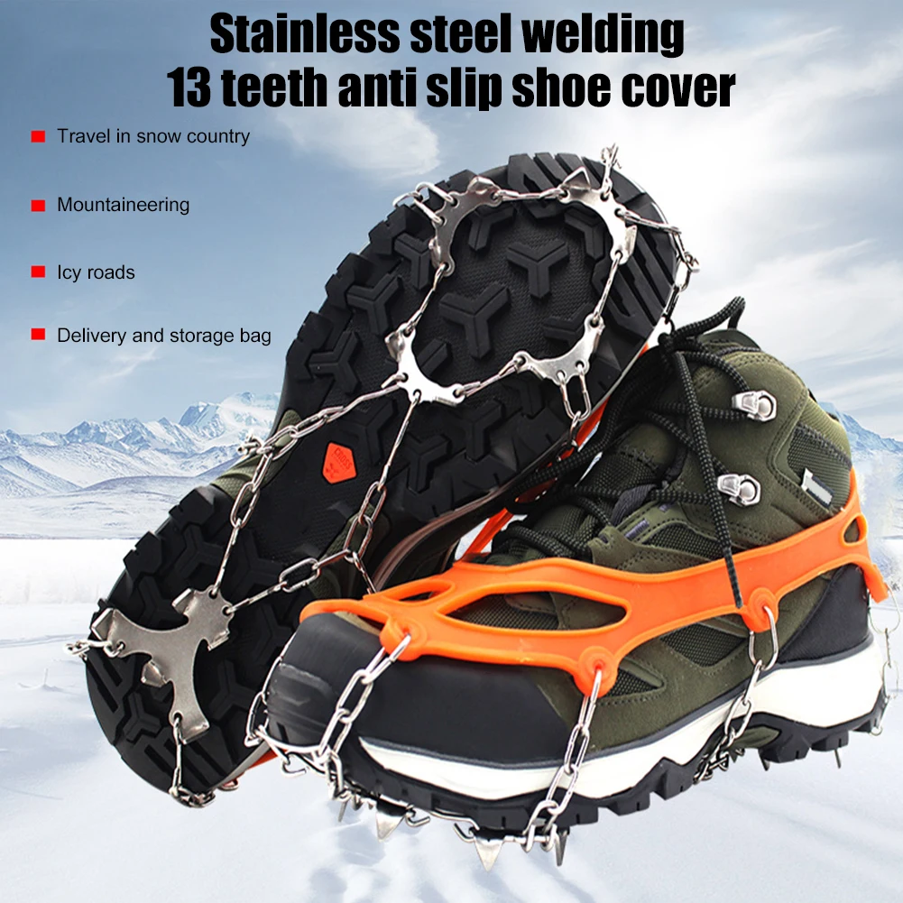 

13 Teeth Steel Ice Gripper Spike Cleats Anti Slip Hiking Climbing Snow Spikes Crampons Cleats Chain Claws Grips Boots Cover