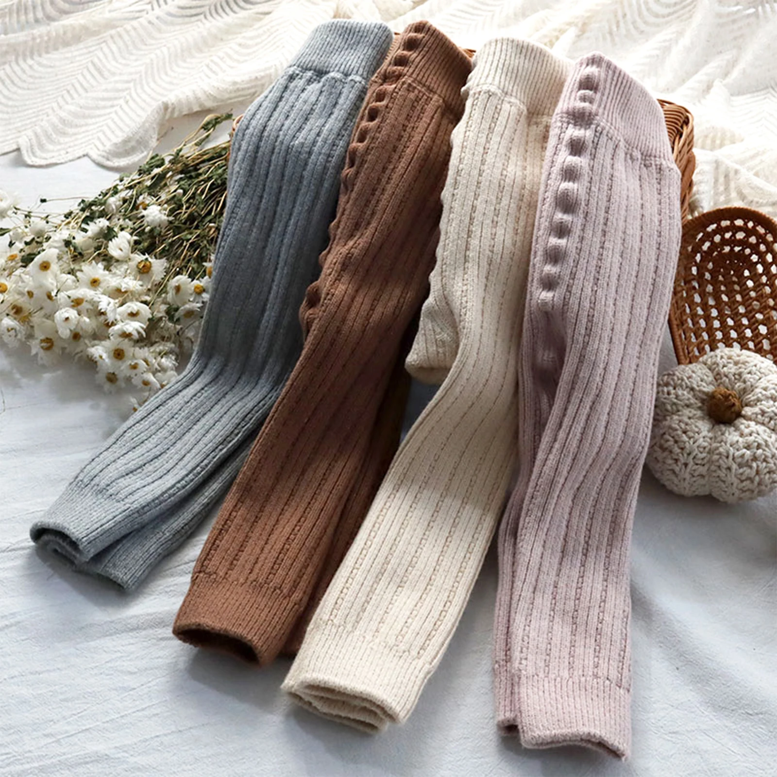 

Cute Kids Leggings 0-4Y Autumn Winter Solid Color Tights High Elastic Waist Ninth Pants Ribbed Trousers Legging for Toddler Girl