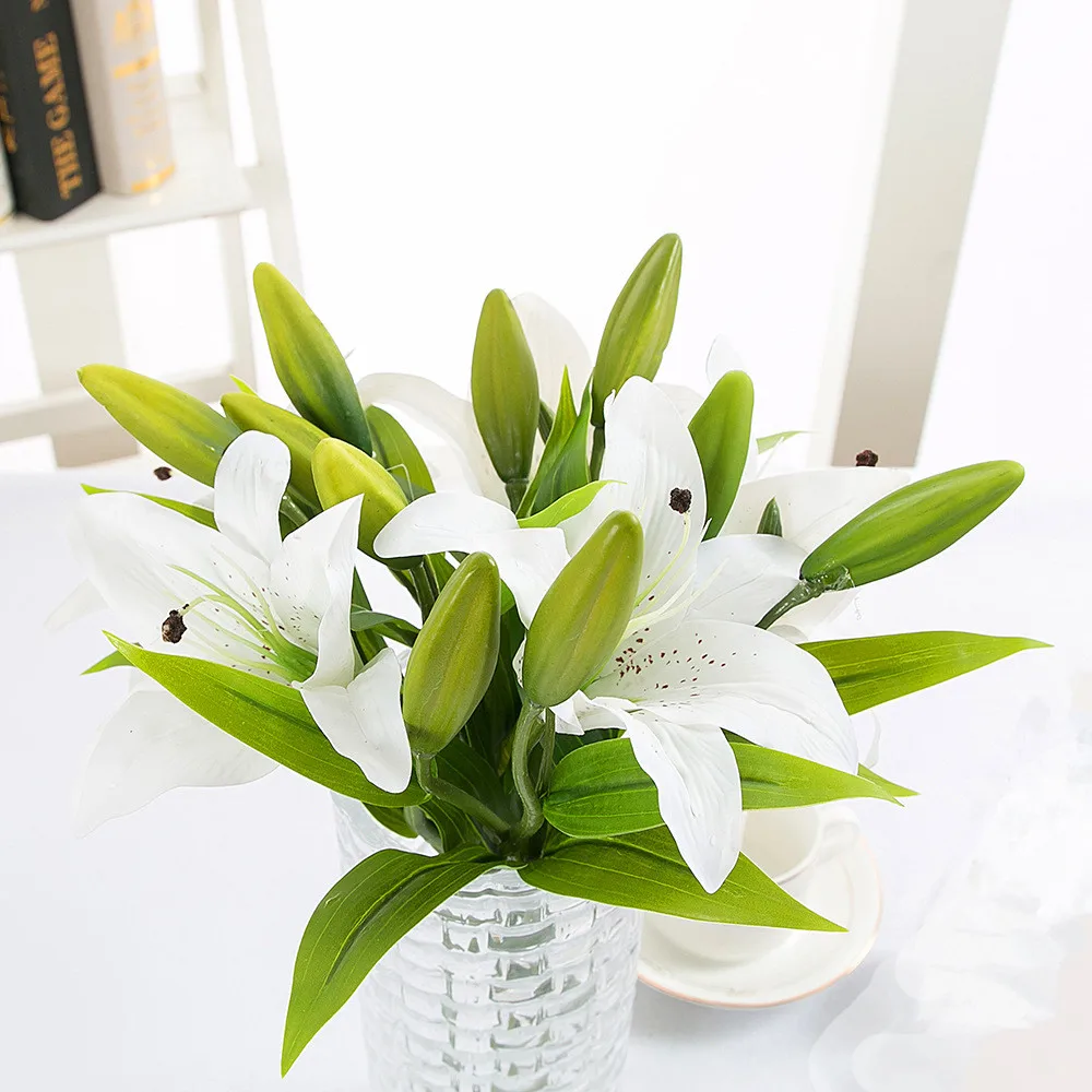 

3 Heads Real Touch Artificial lily Flowers Wedding Bridal Silk Fake flower Bouquet white lily Plants Christmas Home Party Decor