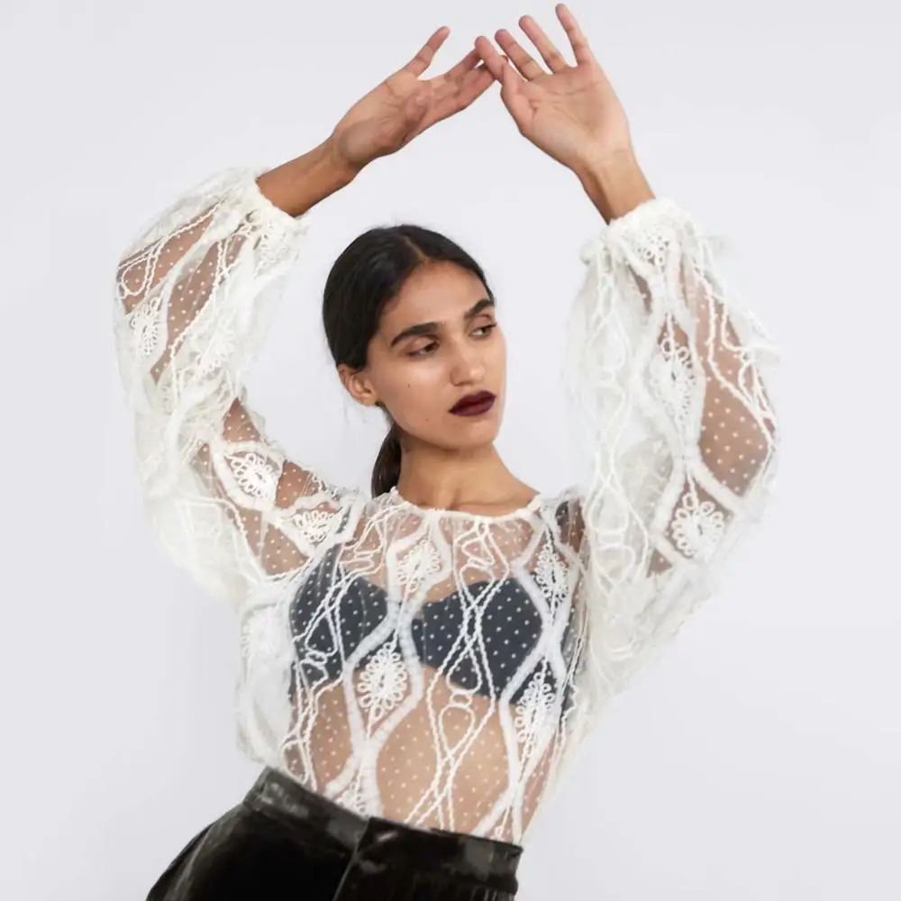 Женская блузка в горошек ZA черная из органзы с длинным рукавом вечерние рубашки