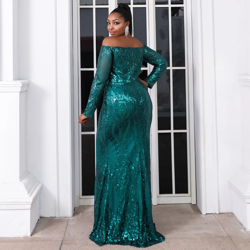 

Plus Size Evening Dresses Luxury Long Sequined for Women Mermaid Long Sleeve Ball Gowns V-neck Black