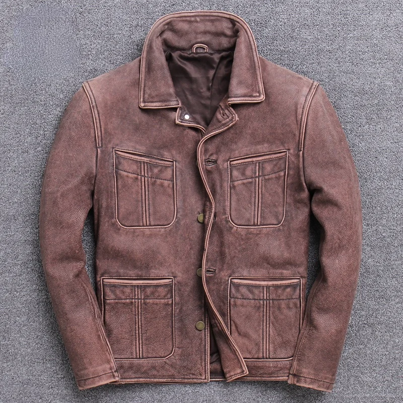 

Fashion Autumn Real Cowhide Jacket Vintage Streetwear Coat Men Casual Genuine Leather Jackets and Coats Mens Clothes WPY4477