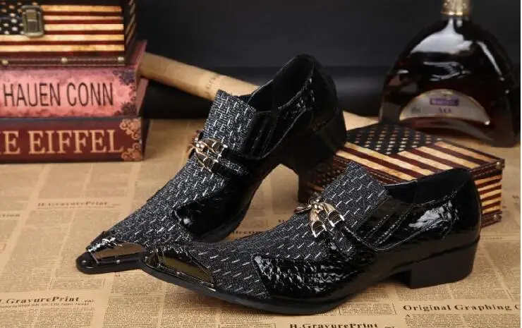 

High top Summer Buckle Men shoes Pointed Toes Genuine Leather Black Dress Shoes Slip on increase wedding shoes for men