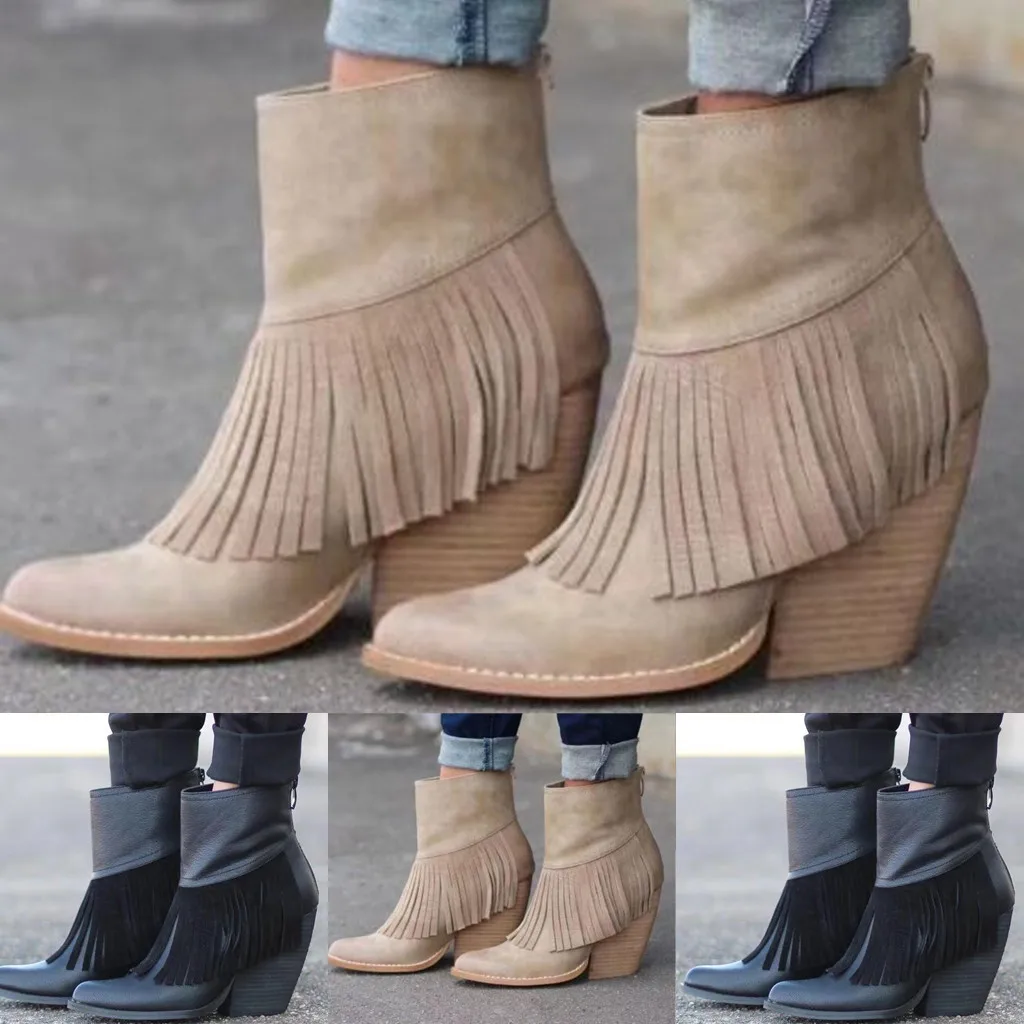 Womens tassel Winter Boots Leather Wedges Round Toe Keep Warm Zipper Thick Heel Comfortable Shoe woman Ankle botas mujer | Обувь