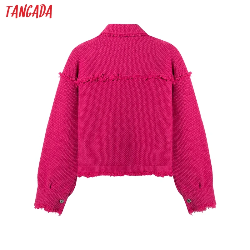 

Tangada Women Elegant Hotpink Cardigan Beading Buttons Tassel Vintage Jumper Lady Fashion Knitted Cardigan Coat 4H05