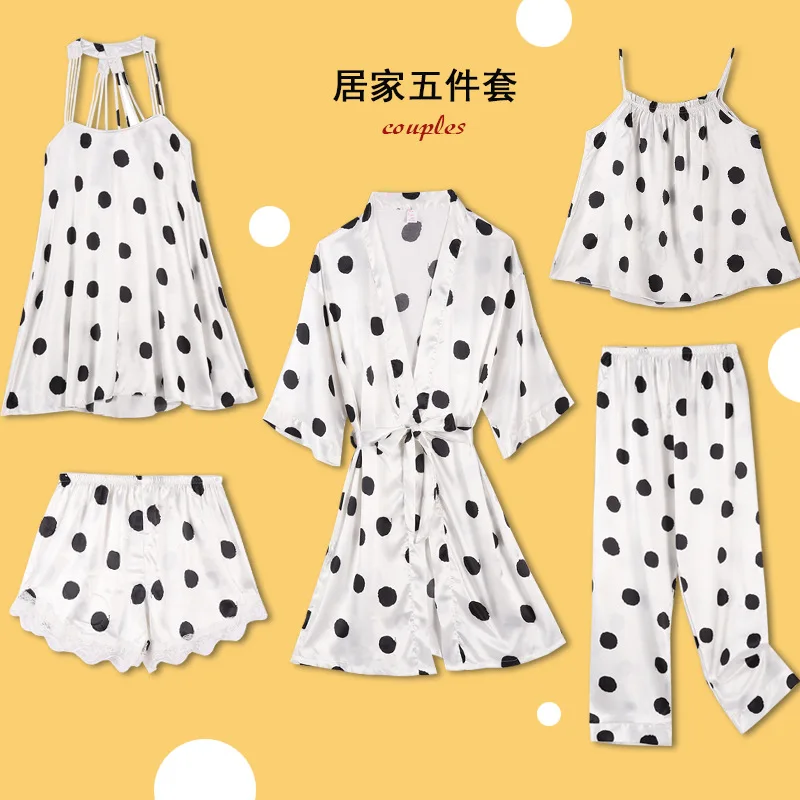 

FZSLCYIYI Polka Dot Printed Women Pajamas 5/4/3/2Pcs Satin Sleepwear Silk Homewear Sleep Lounge Pyjama With Chest Pads