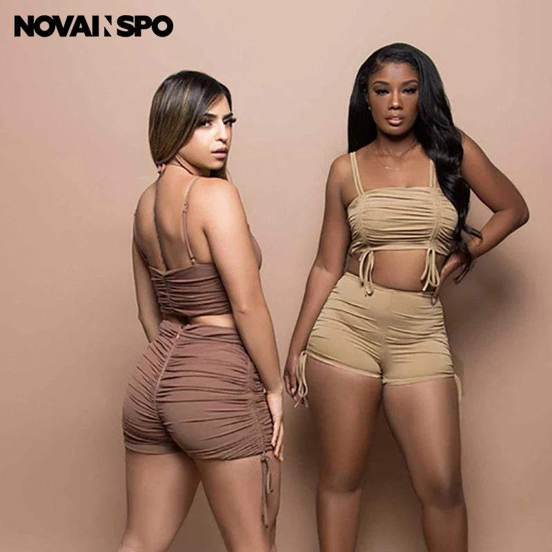 

NOVAINSPO Summer Backless Soild Bandage Cropped Top For Women 2021 Sporty Casual Basic Sleeveless Sling And Shorts Suit
