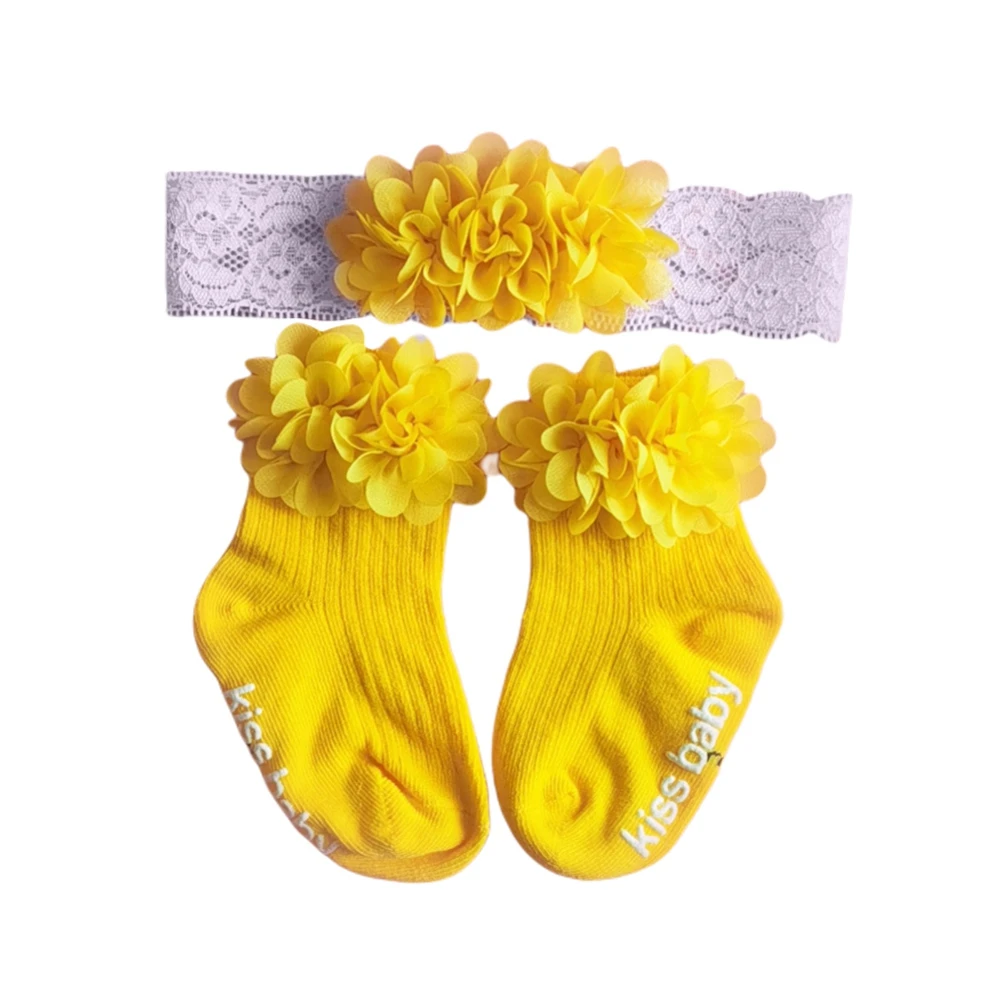 

Осенние детские носки 3 шт. повязка на голову для маленьких девочек набор носков шифоновые Однотонные эластичные повязки для волос с цветоч...