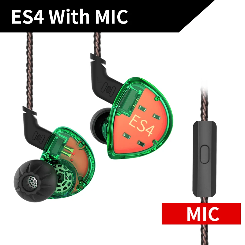 green with mic KZ ES4 1DD+ 1BA Hybrid Hifi наушники-вкладыши Динамический драйвер шумоподавление Гарнитура замена кабеля AS10 ZS10 BA10 ZST ES3 ZSN - Цвет: green with mic
