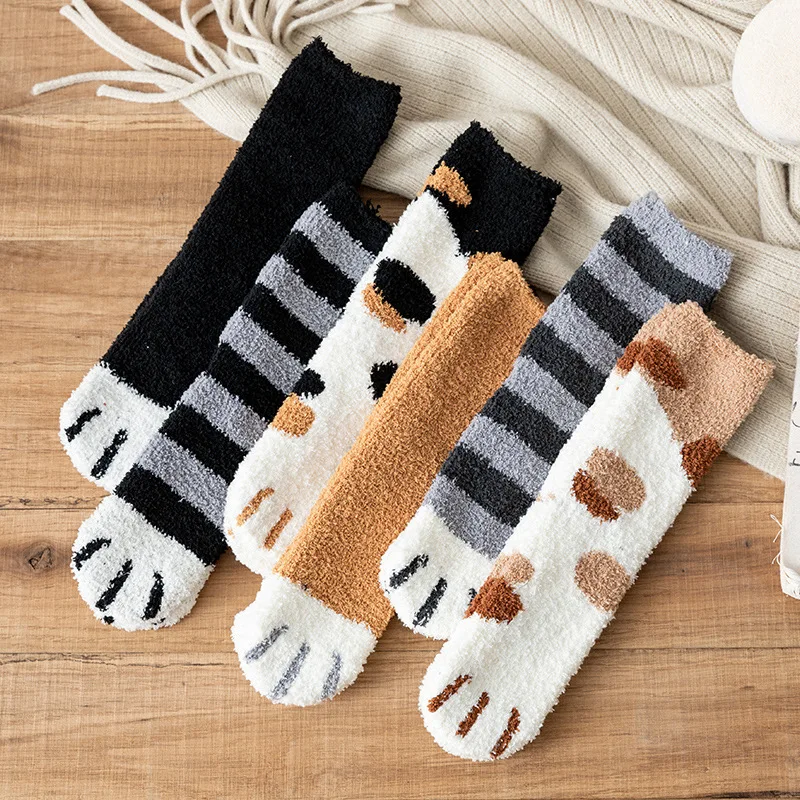 10 pairs Autumn And Winter New Plush Socks Coral Socks Thickened Warm Floor Socks Home Cat's Paw Footprints Sleeping Socks
