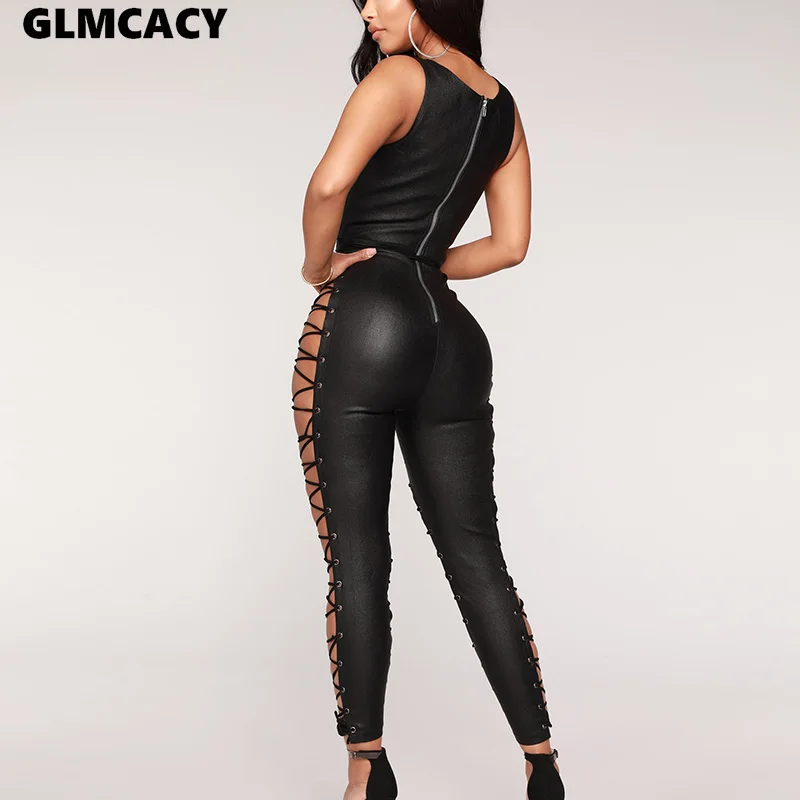 

Women Sexy Hollow Out Lace Up Jumpsuits Spring Summer Sleeveless Sexy PU Leather Skinny Rompers Tight Pants