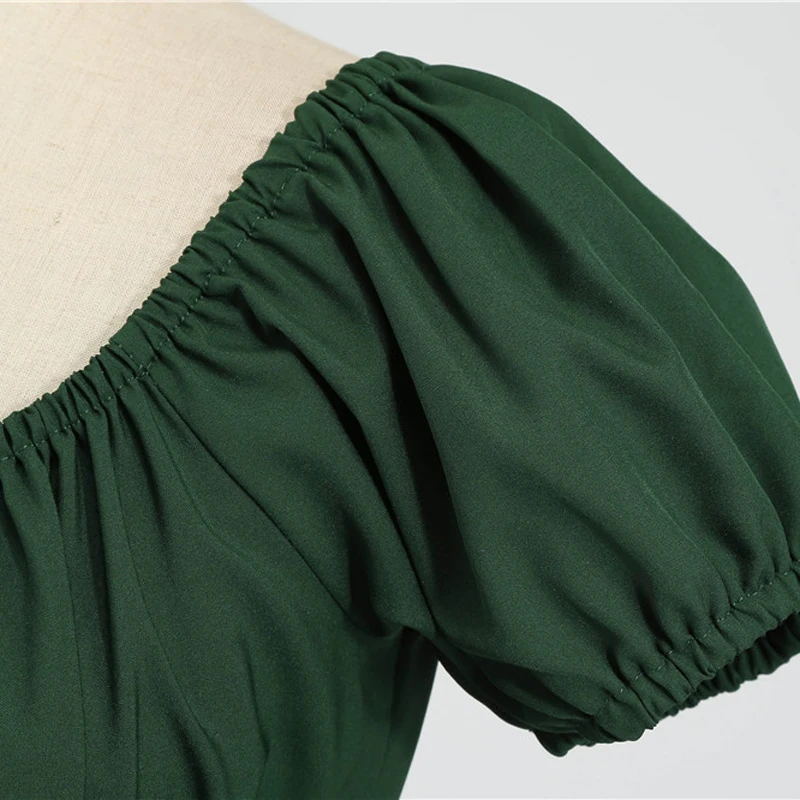 

2020 Elegant High Waist Ruched Vintage Pleated Dress Square Neck Women Short Sleeve Summer Solid Color Big Swing Casual Dresses