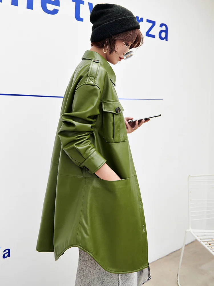 Женская кожаная куртка из натуральной овечьей кожи уличная длинная осенняя MY4093 s