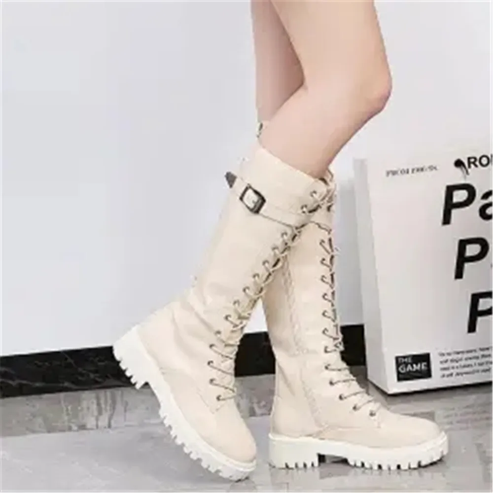 

New Autumn Winter Knight Boots Women Lace Up Knee High Long Booties Retro Square Heel Motorcycle Shoes Black Beige Botas Mujer