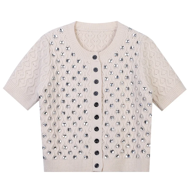 

Женский трикотажный однобортный Кардиган, элегантный короткий офисный свитер с бисером и блестками, весна YOU352