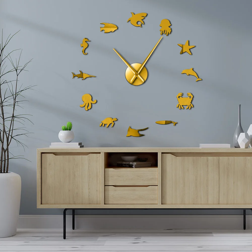 Настенные художественные зеркальные наклейки с водными животными DIY гигантские настенные часы в морском стиле для детской комнаты декор для стен Морская жизнь бескаркасные настенные часы