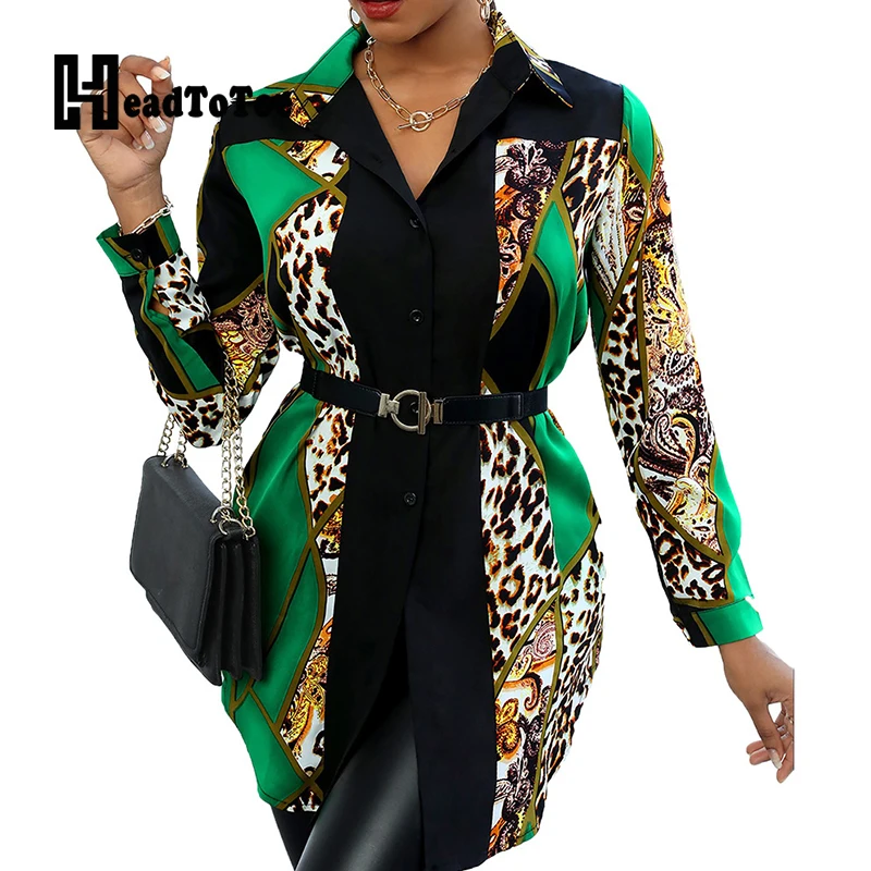 

Chic Leopard Print Long Sleeve Casual Shirt Dress Women Elegant Turn Down Collar Work Dress