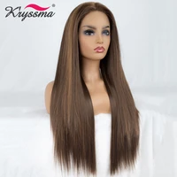 kryssma brown wig long straight synthetic lace front wig highlights wigs for women 24 inches right part glueless fiber hair