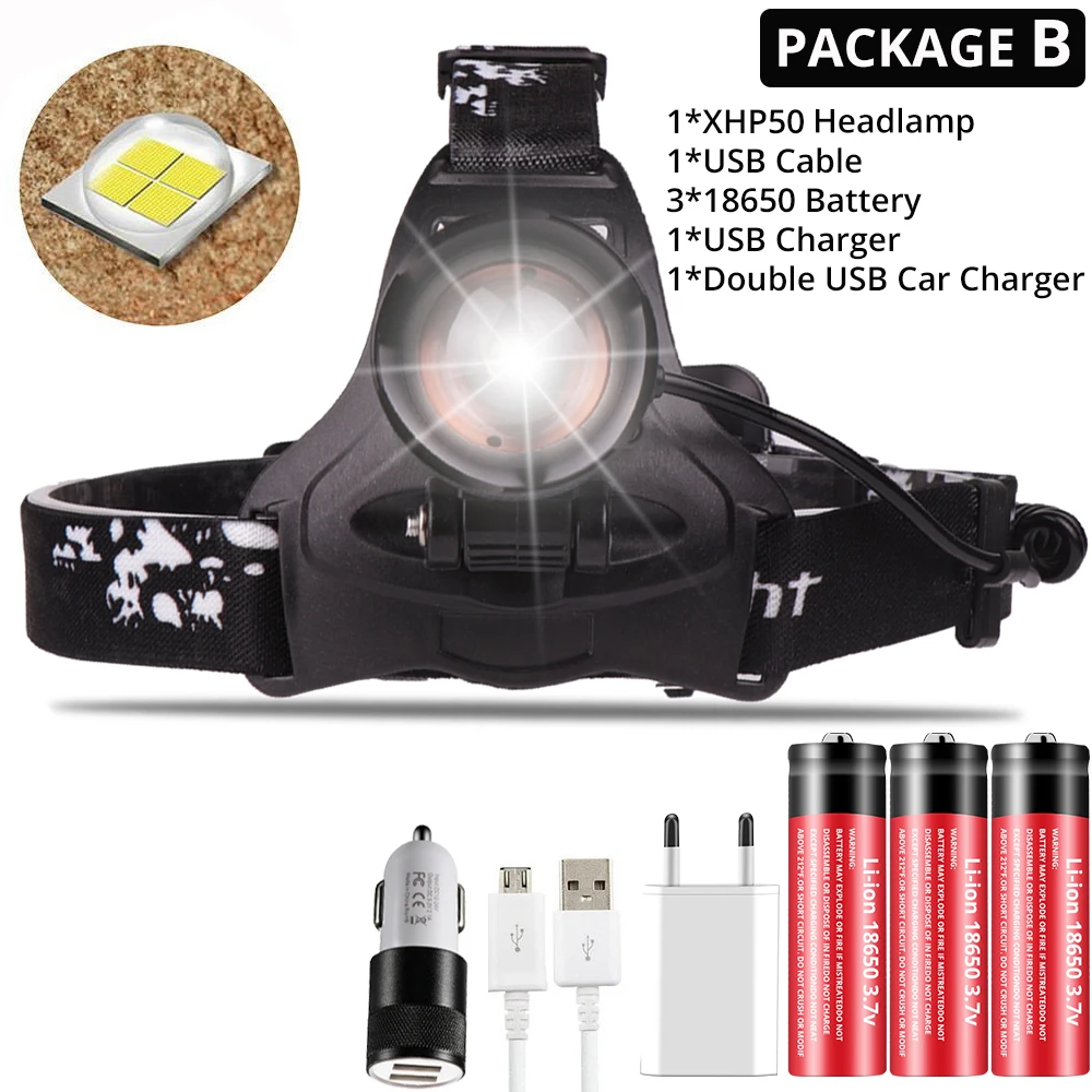Package B Супер яркий светодиодный налобный фонарь Xlamp xhp50 Мощный USB светодиодный налобный фонарь 3*18650 фонарик - Испускаемый цвет: Package B