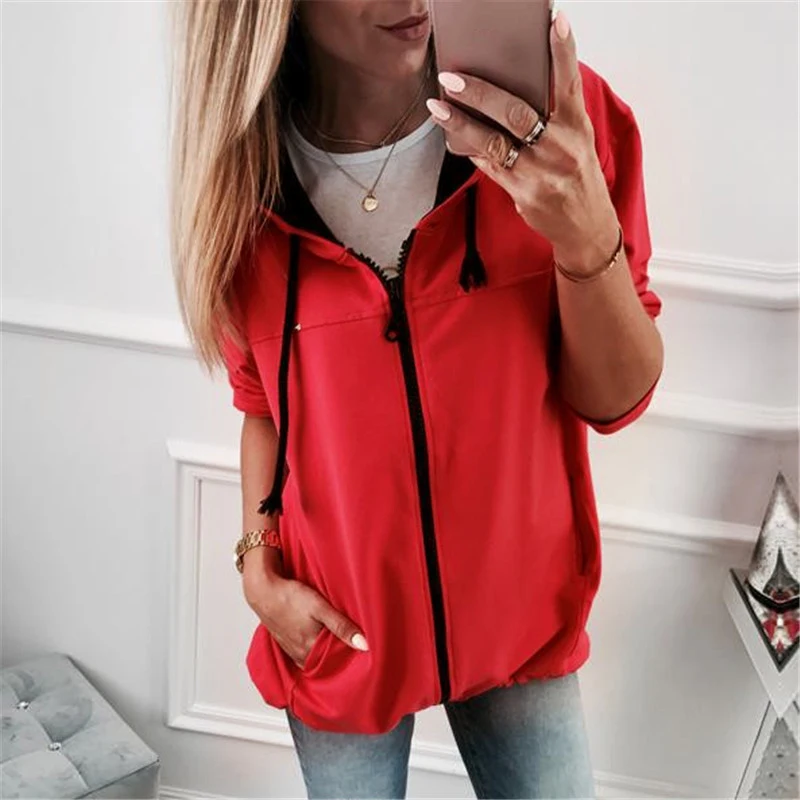 Женская толстовка с капюшоном однотонная на молнии длинным рукавом повседневная