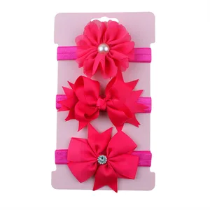 Мода 3 шт.лот с бантом из ленты на каблуке высотой; Повязка на голову из шифона с цветочным рисунком с жемчугом для новорожденных Hiarbands для девочек вечерние на день рождения повязка на голову