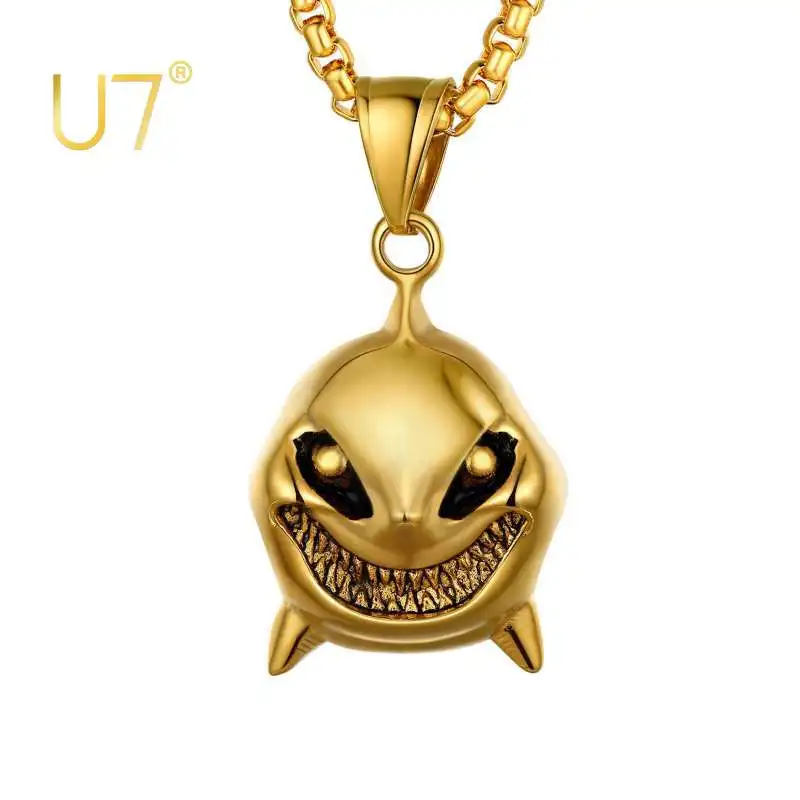 

U7 New Creative Shark Pendants Stainless Steel Enamel Black Ocean Animal Pendant Necklace for Men Women Retro Punk Hip Hop Gift