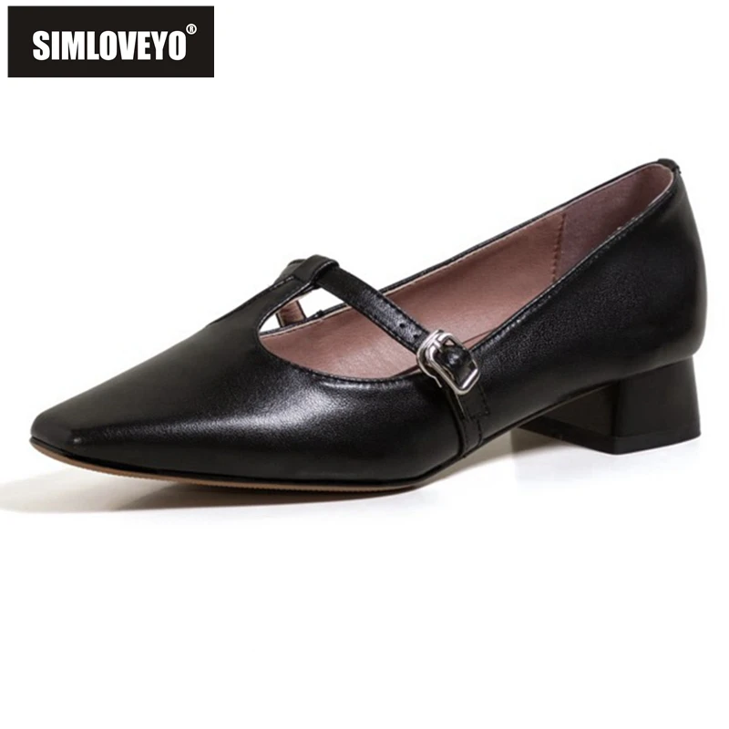 

SIMLOVEYO 2021 Genuine Leather Comfort Plus Ladies Flats Buckle T Strap Round Toe Square Heel 3cm Size 33-43 Beige Black A4297