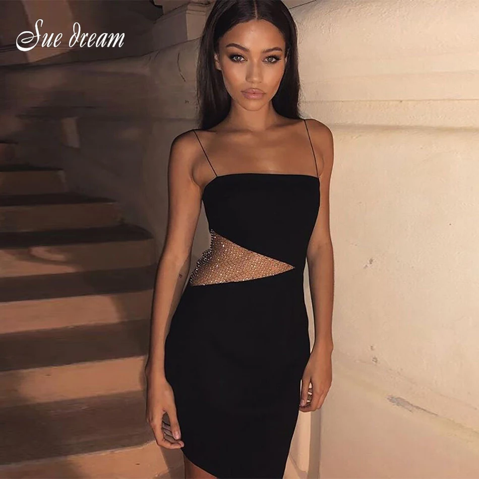 Женское Бандажное платье с бусинами черное облегающее спагетти вечерние платья