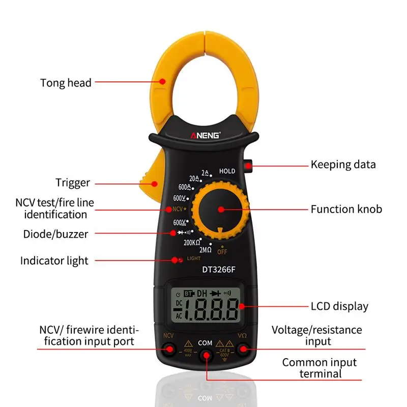 

ANENG Clamp Meter DT3266F Amp Digital Multimeter with Buzzer AC/DC Voltage Current NCV Resistance Diode Ammeter Tester