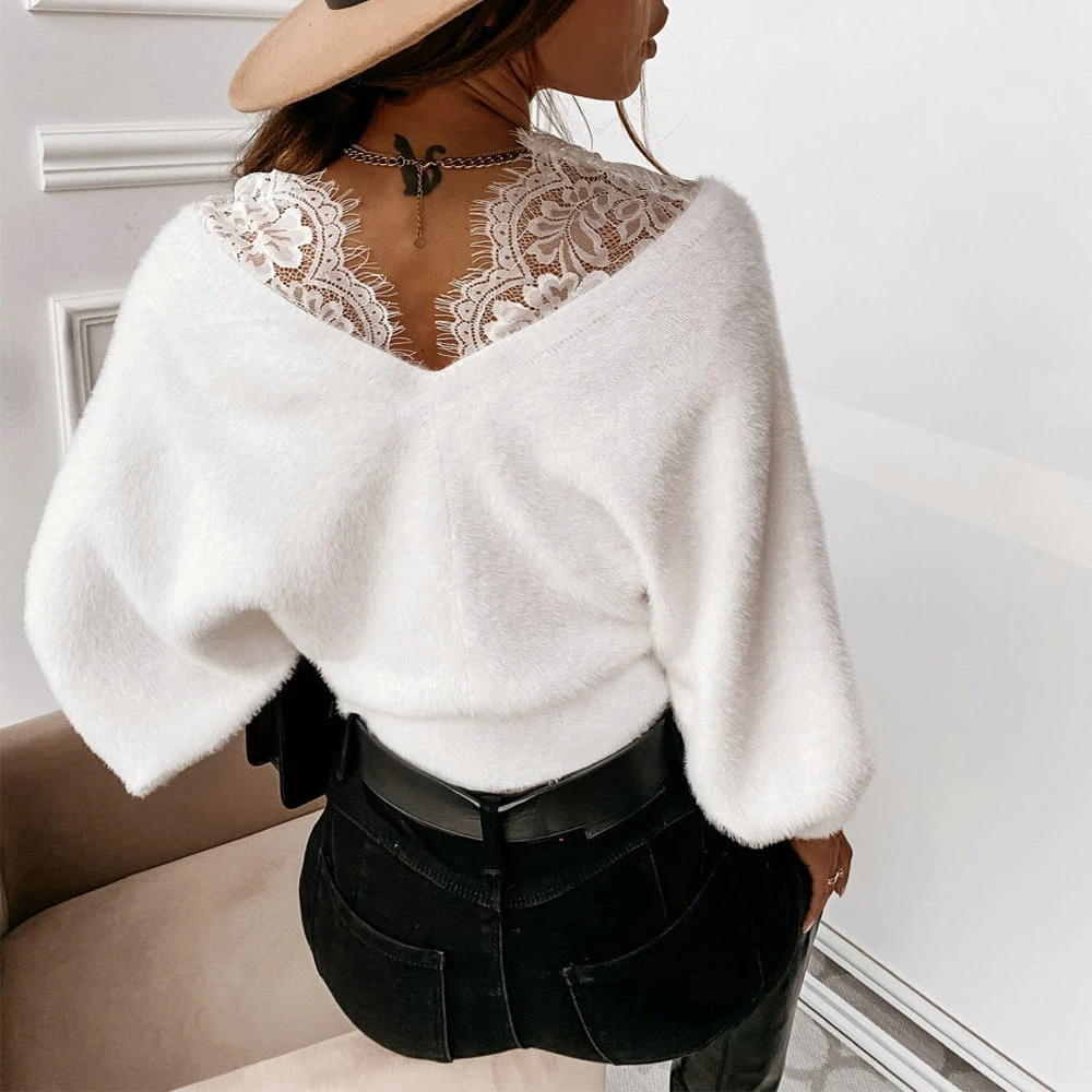 

Fall Elegant Plush Sweater Solid Color Lace Splicing V-Neck Long Sleeve Stretch Crop Pullover Women Ladies Fashion Wild Clothes