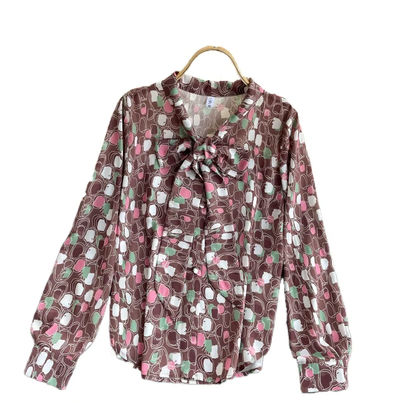 

2021 Spring Fashion Style New Ladies Blouse Bow Tie Irregular Color Matching Blusa Geometric Printing Shirt GK566