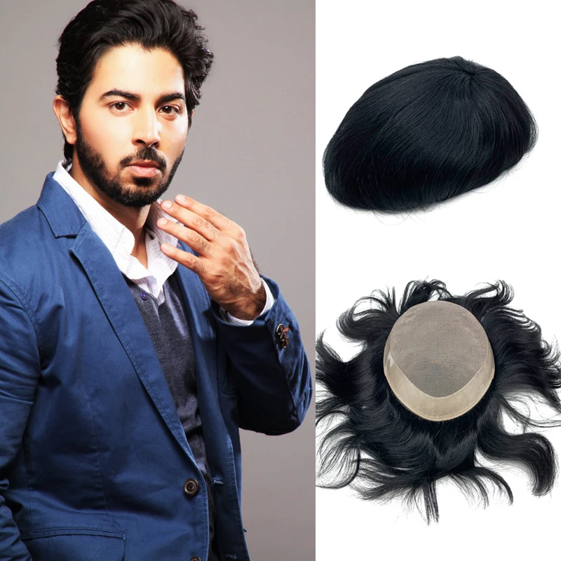 Mens Hair Pieces Base Mono Around NPU Wigs Remy Hair Straight Wave Toupee Invisible Knot