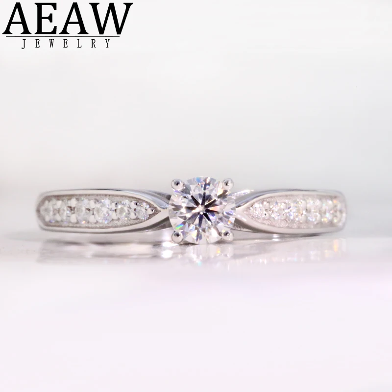 AEAW 14K White Gold 0.3ct 4mm Round Cut Moissanite Engagement Diamond Ring Anniversary For Women | Украшения и аксессуары