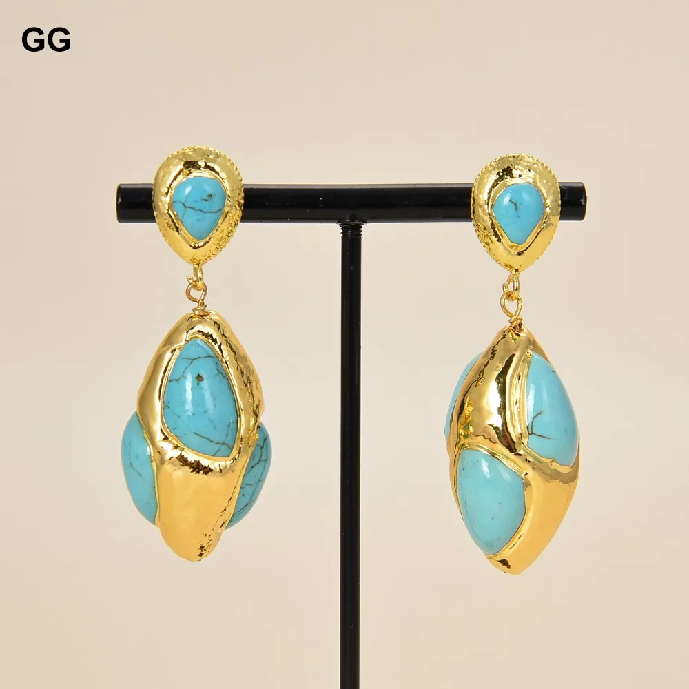 

GG Jewelry 17x33MM Blue Turquoise Yellow Gold Plated stud Earrings
