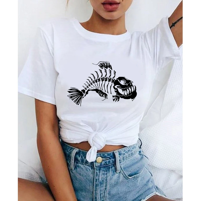 

2020 Fashion Women Harajuku Funny FishboneCartoon Printed T Shirt Casual Short Sleeve Women's T-shirt Soft Female T shirt