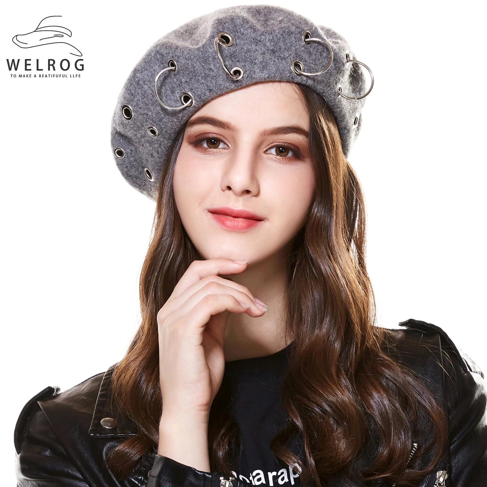 

WELROG Elegant Autumn Chain Beret Hat Winter Painter Style Hats New Artist Warm Beanie Hats Female Wool Blends