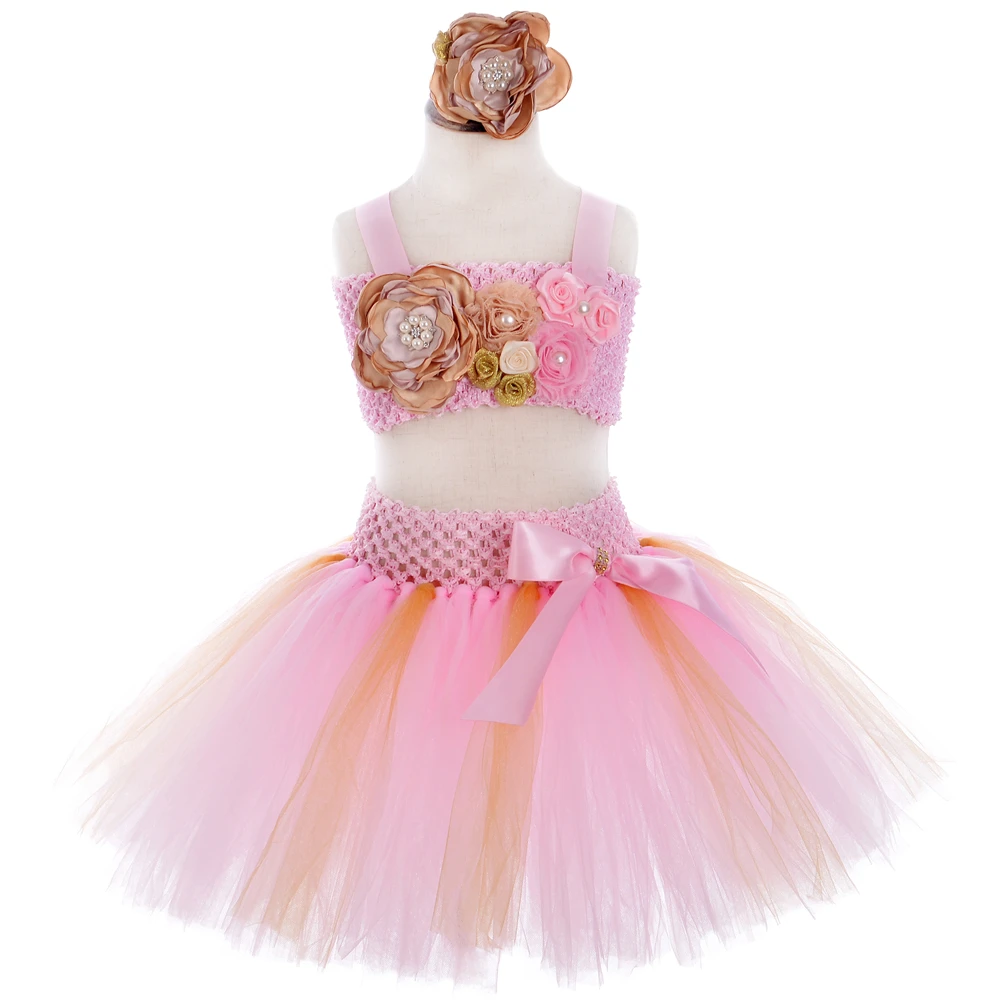 Розовое и Золотое Платье-пачка с юбкой-годе наряд принцессы тюлевые цветы