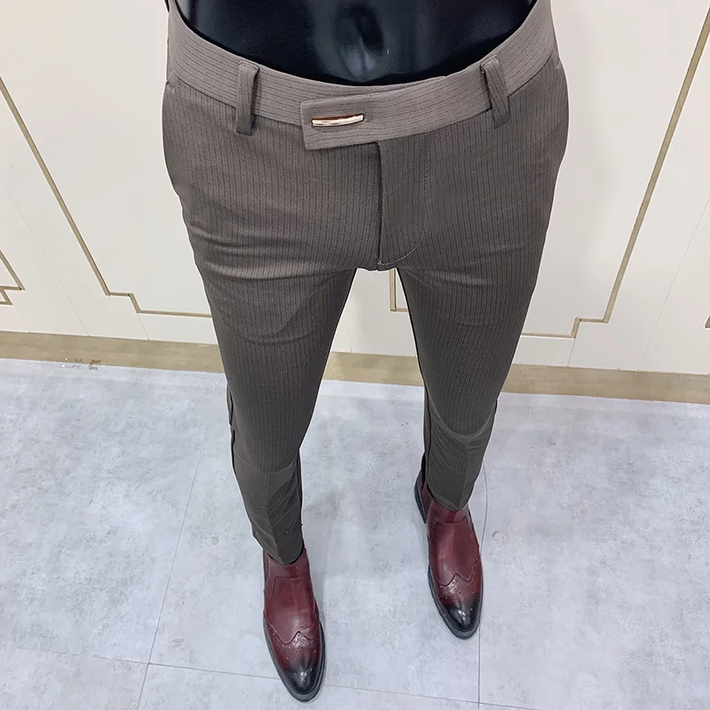 

Брюки мужские облегающие в полоску, шикарные элегантные приталенные штаны до щиколотки, брюки для офиса, вечеринки