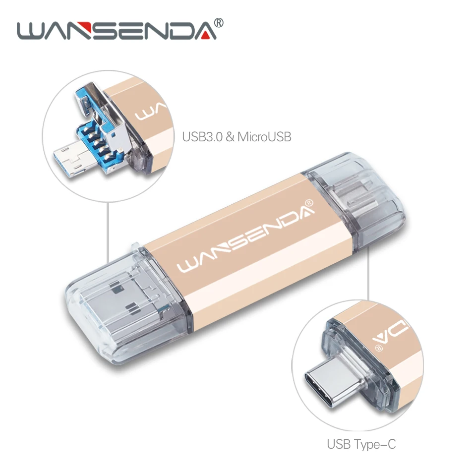 WANSENDA USB флеш-накопитель 3 в 1 USB 3,0& type-C Micro OTG флеш-накопитель 16 ГБ 32 ГБ 64 Гб 128 ГБ 256 ГБ Флешка флеш-карта памяти - Цвет: Золотой