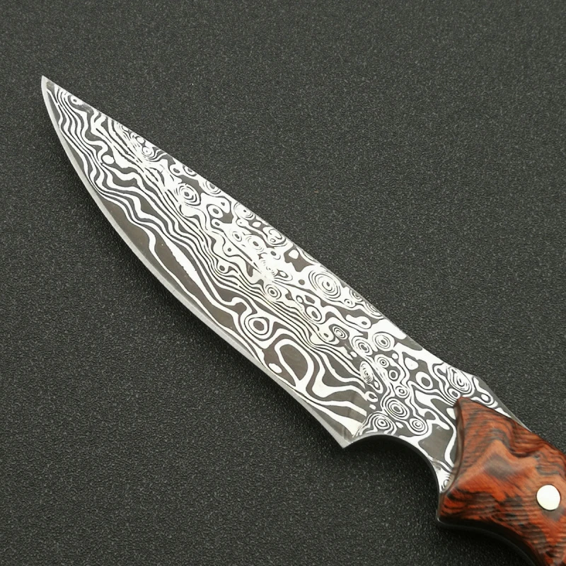 Нож DuoClang для активного отдыха с лезвием из стали Дамаск 440С и рукояткой из микарты, фиксированным лезвием для выживания в дикой природе с кожаным чехлом.