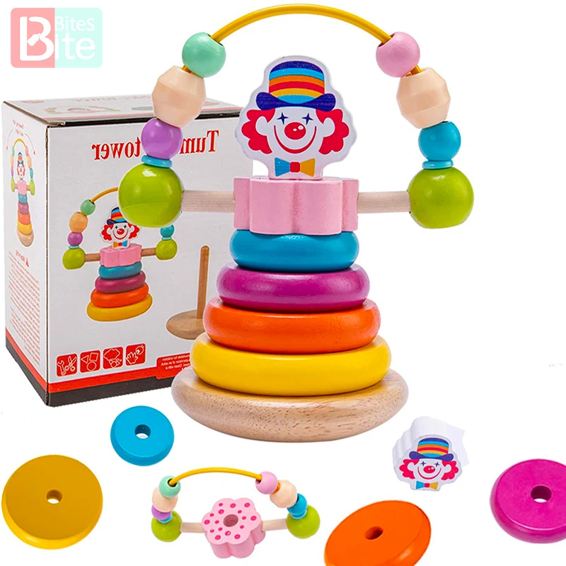 

Biter Teether Wooden Rainbow Tower Stacking Ring Toys Rotating Clown Early Education Puzzle Stacker Toddler Toys Gift for Kids