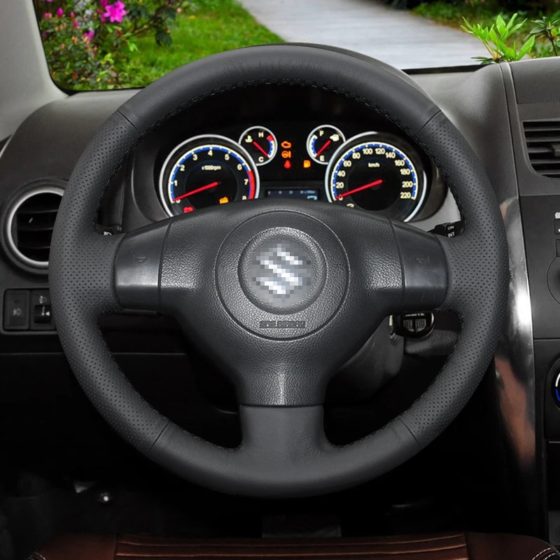 Черный сшитый вручную искусственный кожаный чехол рулевого колеса автомобиля